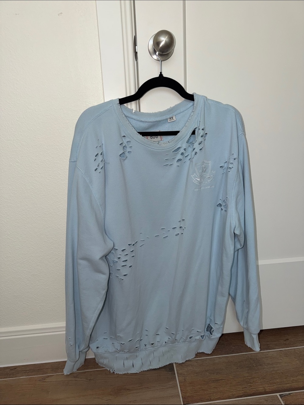 BDG Light Blue Distressed Crewneck Sweatshirt